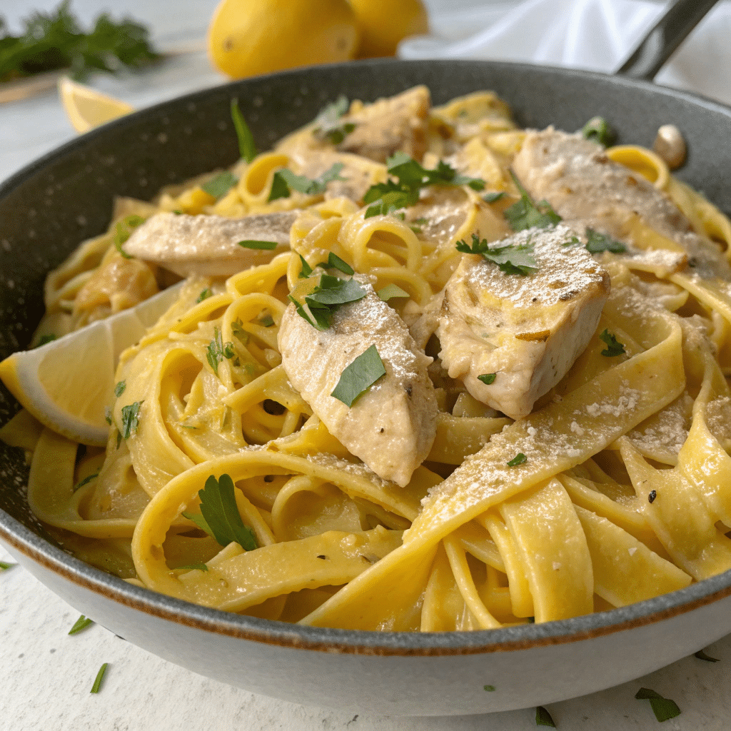 creamy lemon chicken pasta with slice lemon