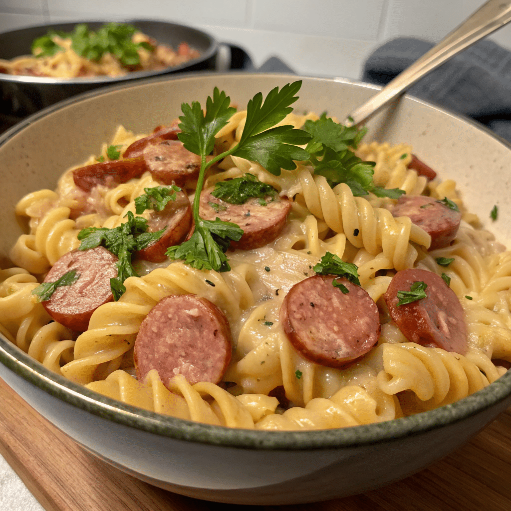 Creamy Smoked Sausage Pasta served in bowl