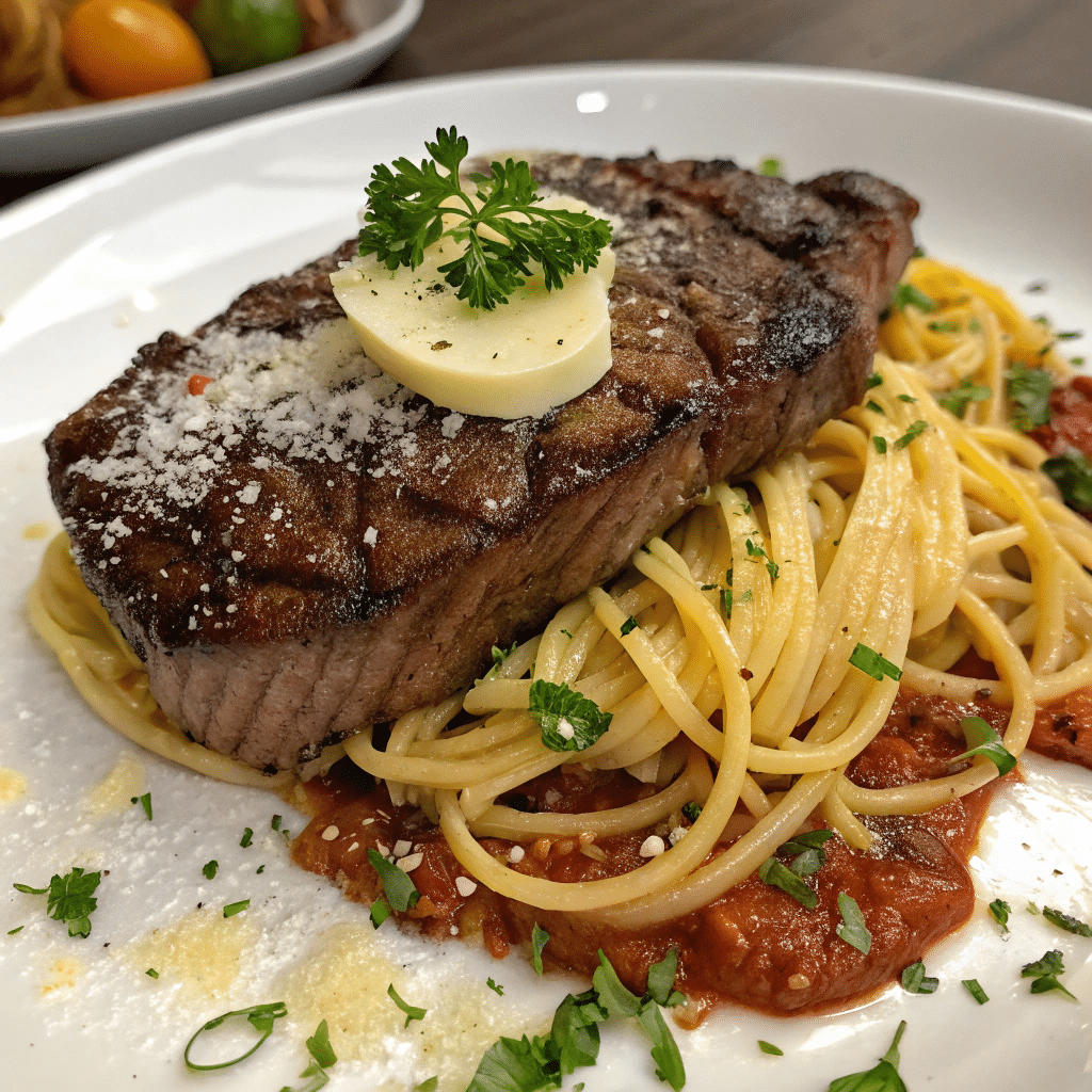 steak and pasta serving in white plate.