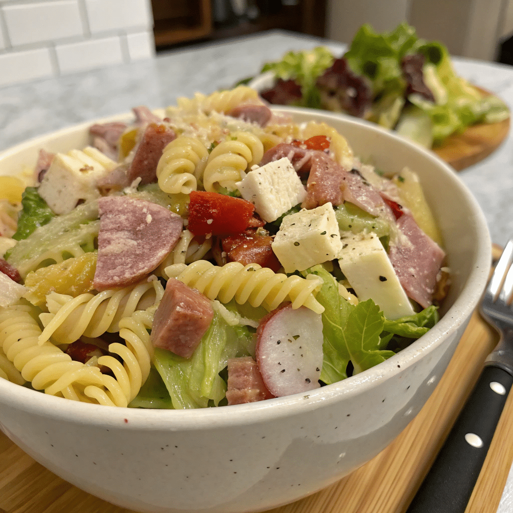 Grinder pasta salad in serving bowl