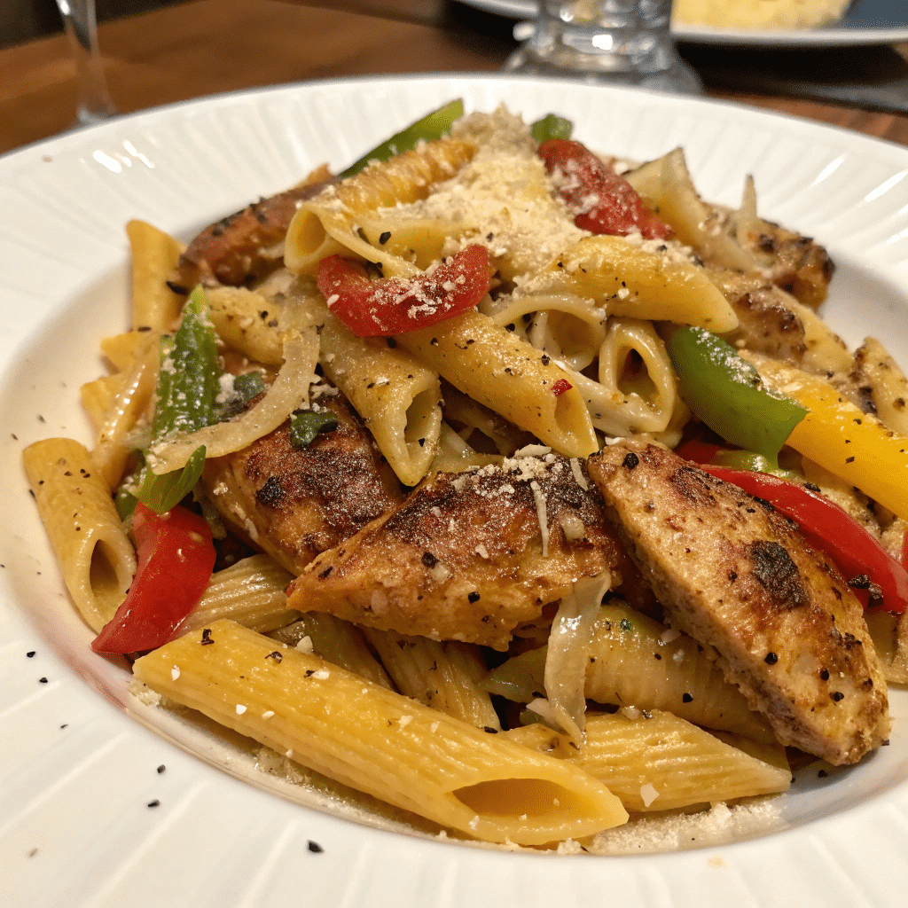 jerk chicken pasta in white dishe
