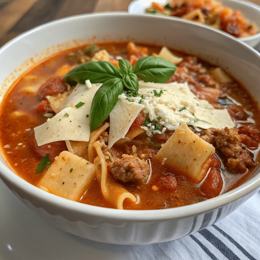 bowl of lasagna soup with cheese