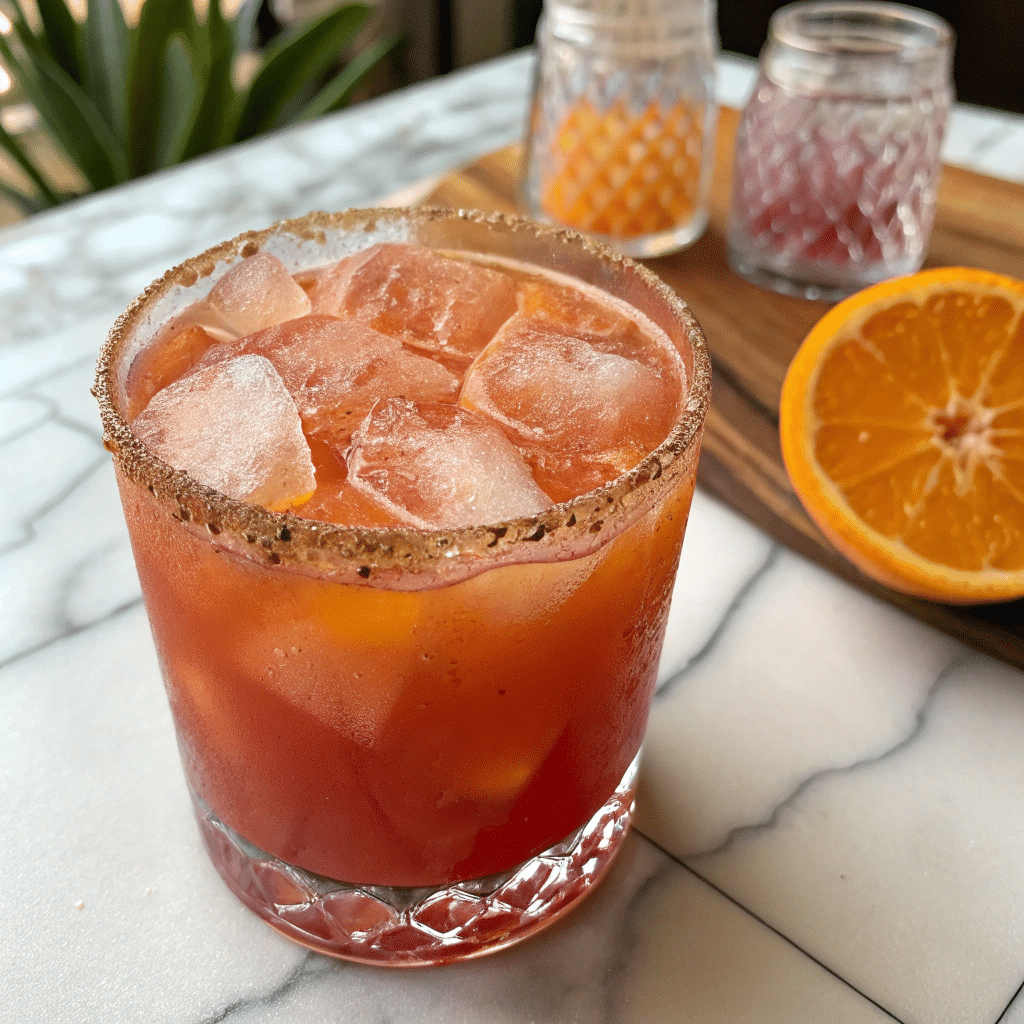A refreshing morning cocktail with ice, orange slices, and a salted rim.