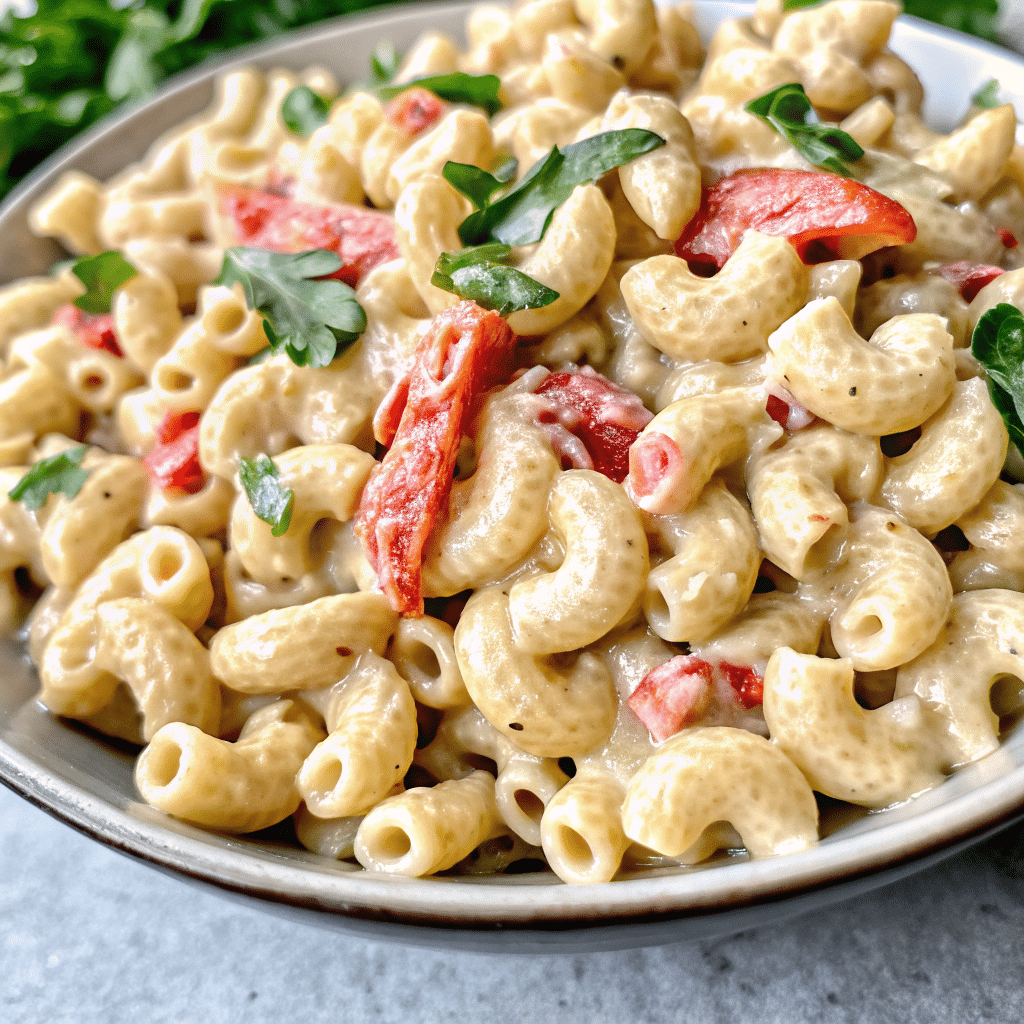 Pasta salad with smoked mozzarella in white plate