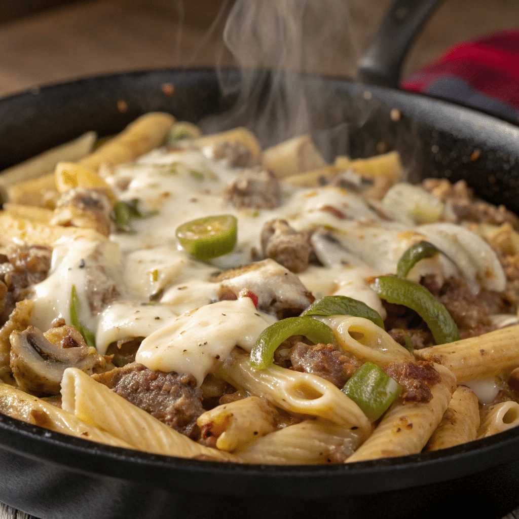 Philly cheesesteak pasta with steak and cheese