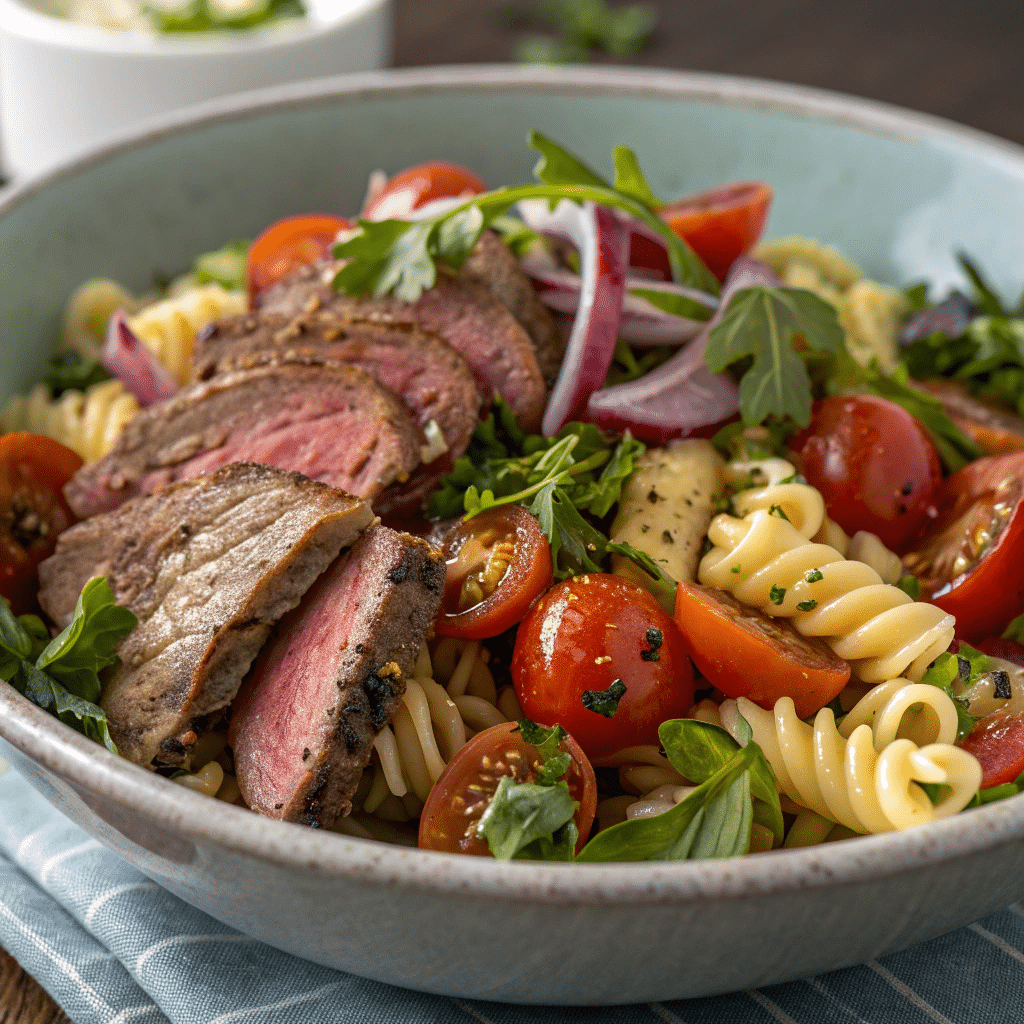 Steak and pasta salad served in bowel