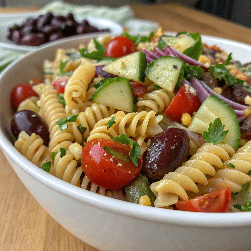 Vegan pasta salad inwhite bowl