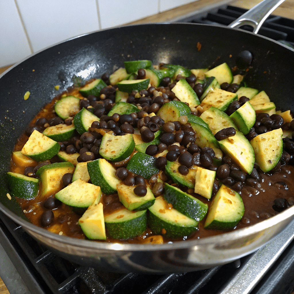 Cooking black bean noodles vegetarian sauce in a skillet
