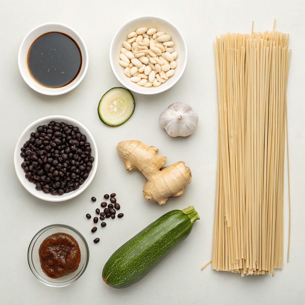 Ingredients for black bean noodles vegetarian recipe