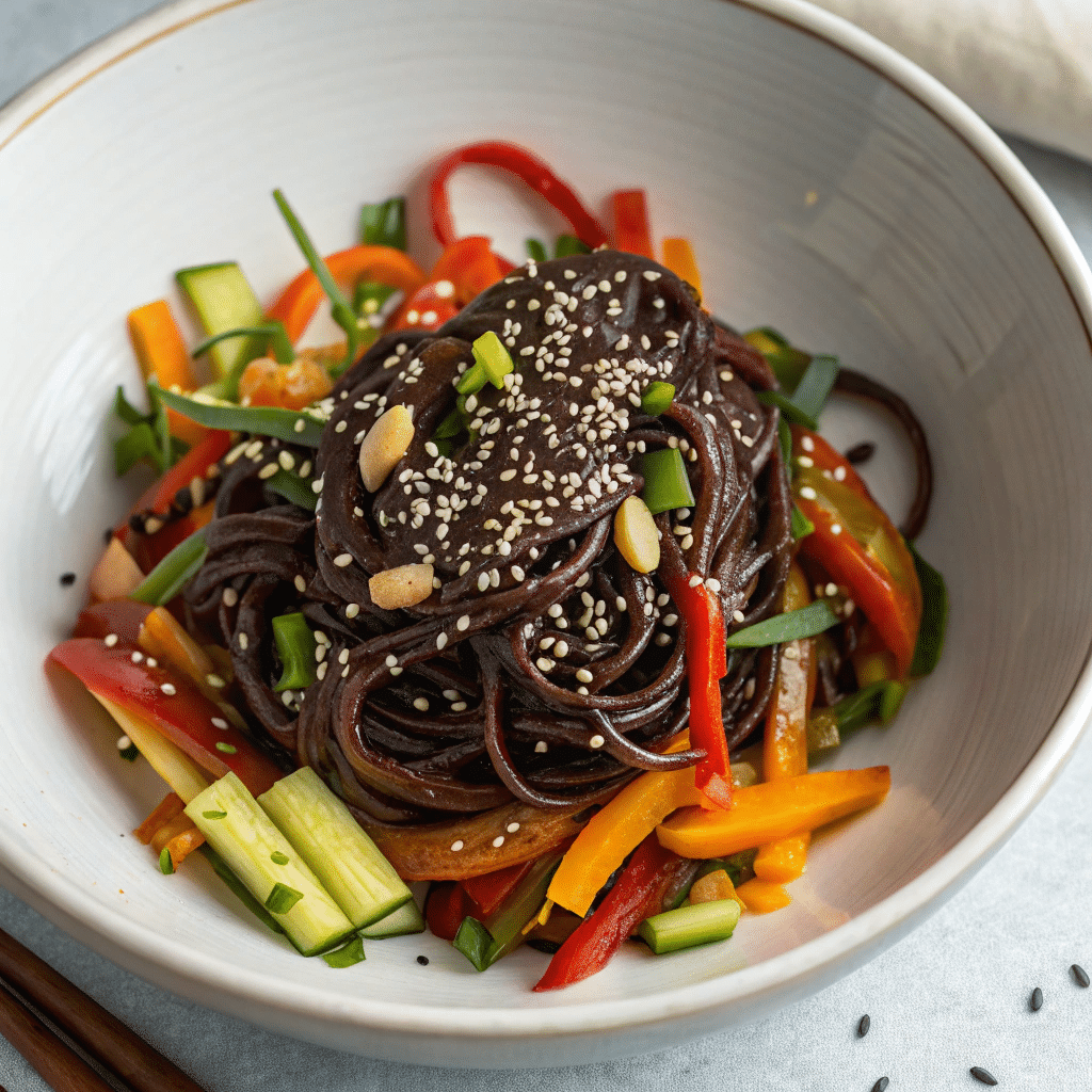Finished black bean noodles vegetarian recipe served with garnish