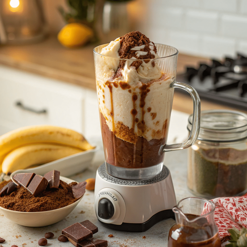 Blending the Dubai chocolate milkshake base