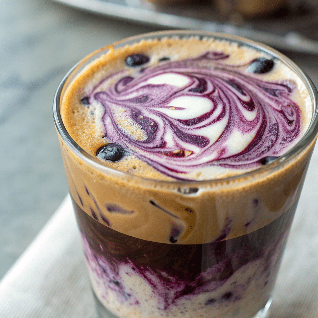 A creamy blueberry latte in glasse cup
