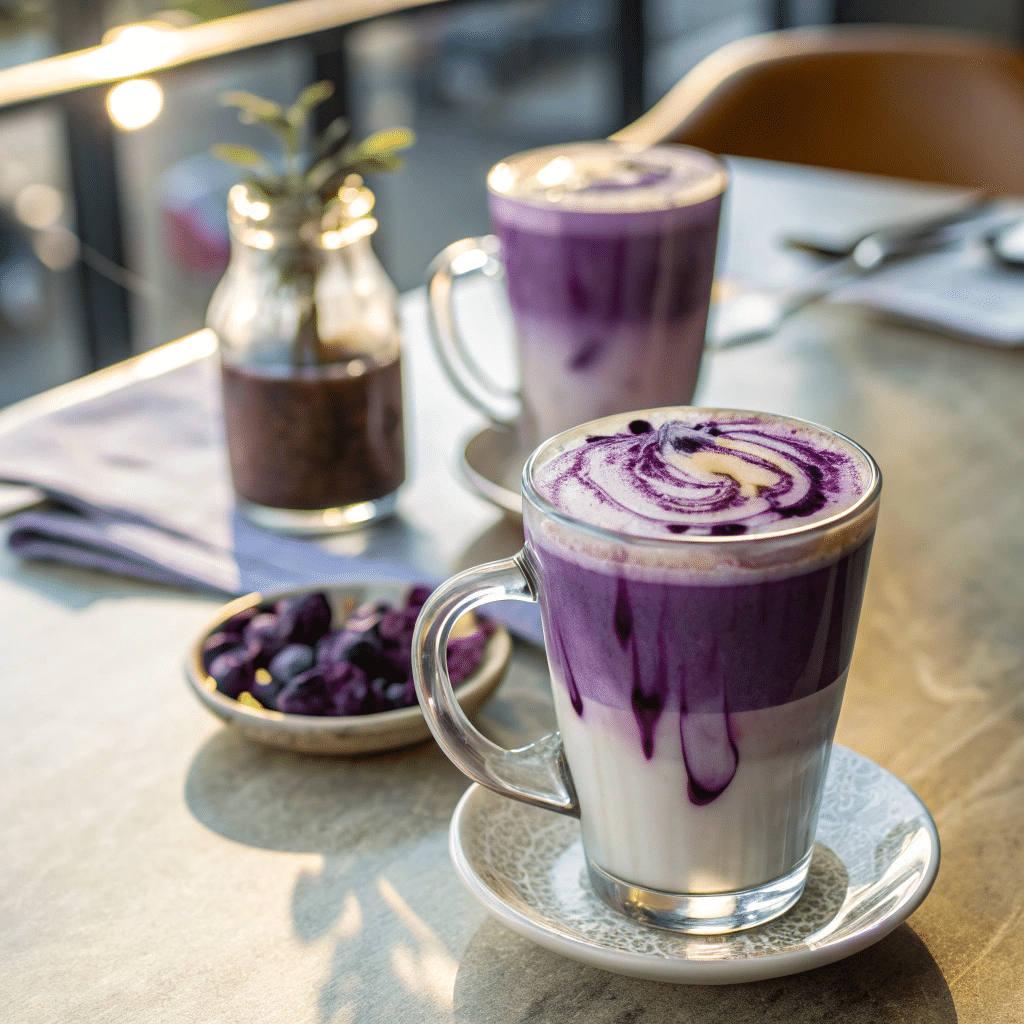 blueberry latte on cafe table