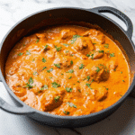 Butter Chicken Recipe (Indian Chicken Makhani) in a creamy tomato sauce, garnished with fresh cilantro in a black pan