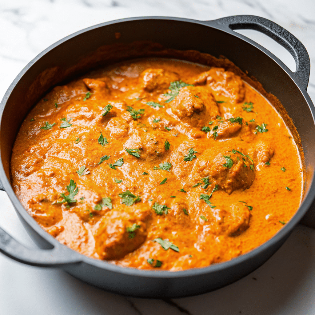 Butter Chicken Recipe (Indian Chicken Makhani) in a creamy tomato sauce, garnished with fresh cilantro in a black pan
