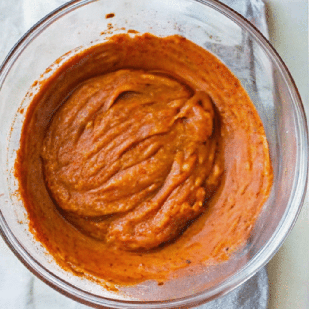 Smooth butter chicken sauce in a glass bowl, made with rich Indian spices and tomato base