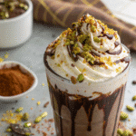 Dubai chocolate milkshake in glass with pistachios