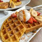High protein waffles with strawberries and honey