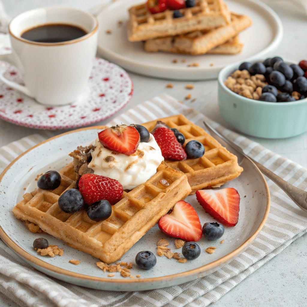 High protein waffles with yogurt and berries