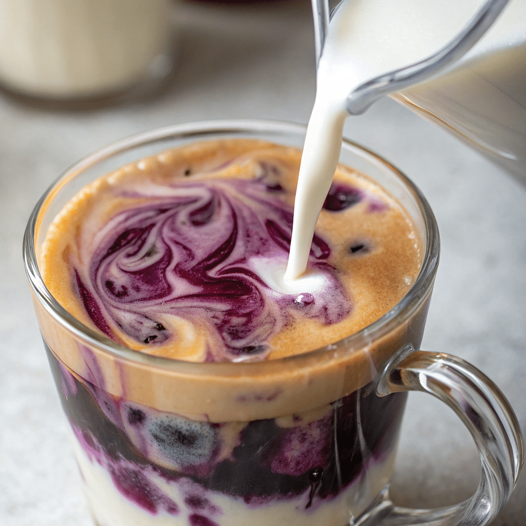 pouring milk into blueberry latte