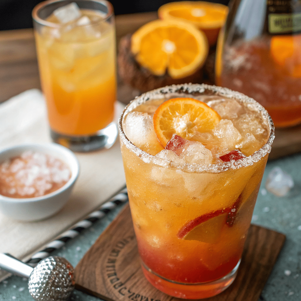 Refreshing Ozempic cortisol cocktail with orange and red fruit garnish over ice.