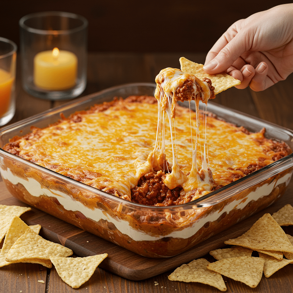 A hand scooping Philadelphia Cream Cheese Chili Dip with a tortilla chip from a rectangular glass dish, showing layers of chili, cheese, and cream cheese.