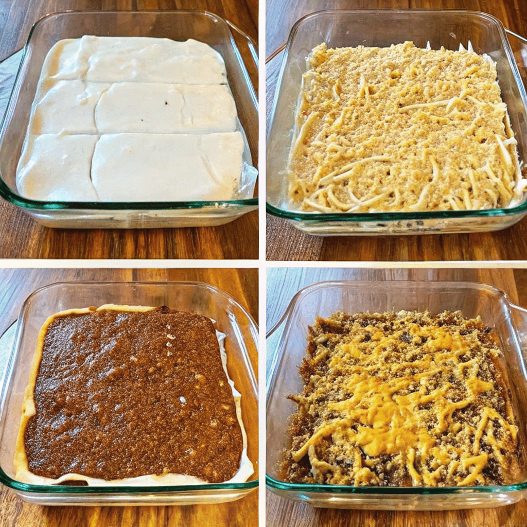 Four-step process of making Philadelphia Cream Cheese Chili Dip, showing layers of cream cheese, chili, and shredded cheese in a glass baking dish.