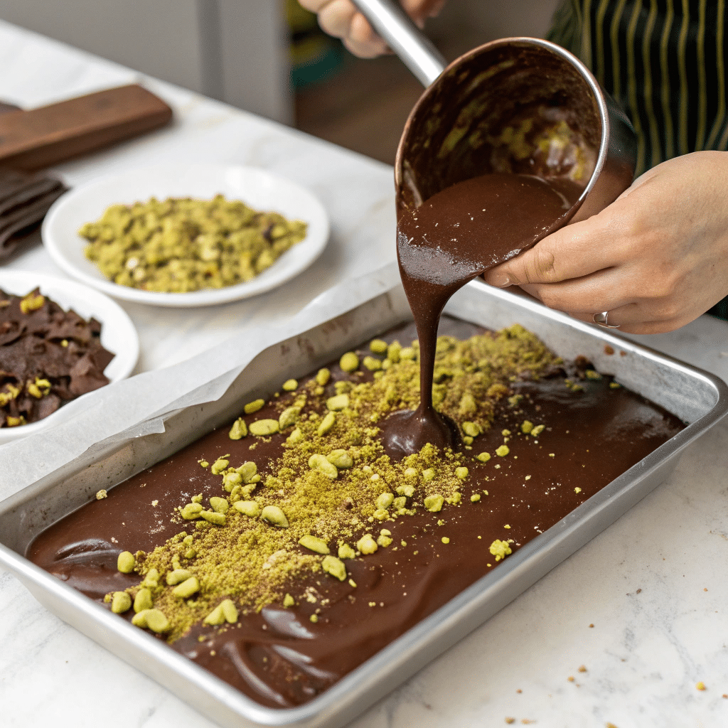 Pouring melted dark chocolate into tray