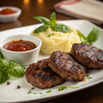 Grilled steaketts served with creamy mashed potatoes, fresh basil, and a side of rich tomato sauce on a white plate.
