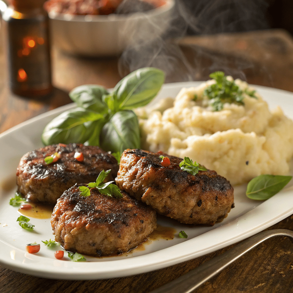 Served steakette recipe on plate with fresh basil and creamy mashed potatoes