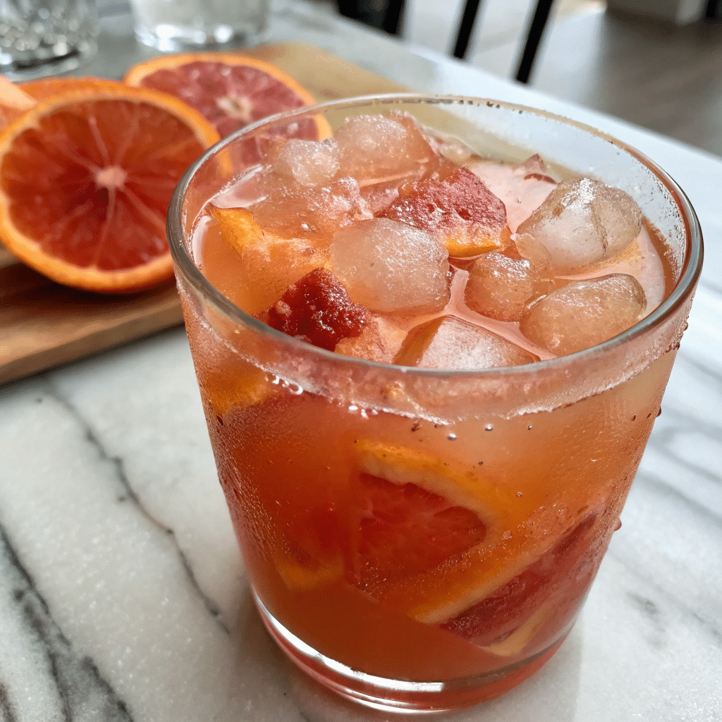 Supplement-infused cortisol cocktail with fresh blood orange slices and ice in a clear glass.