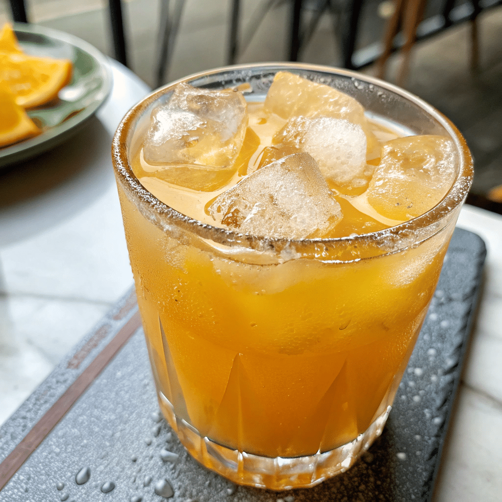 Icy TikTok cortisol cocktail with vibrant orange juice served in a clear glass.