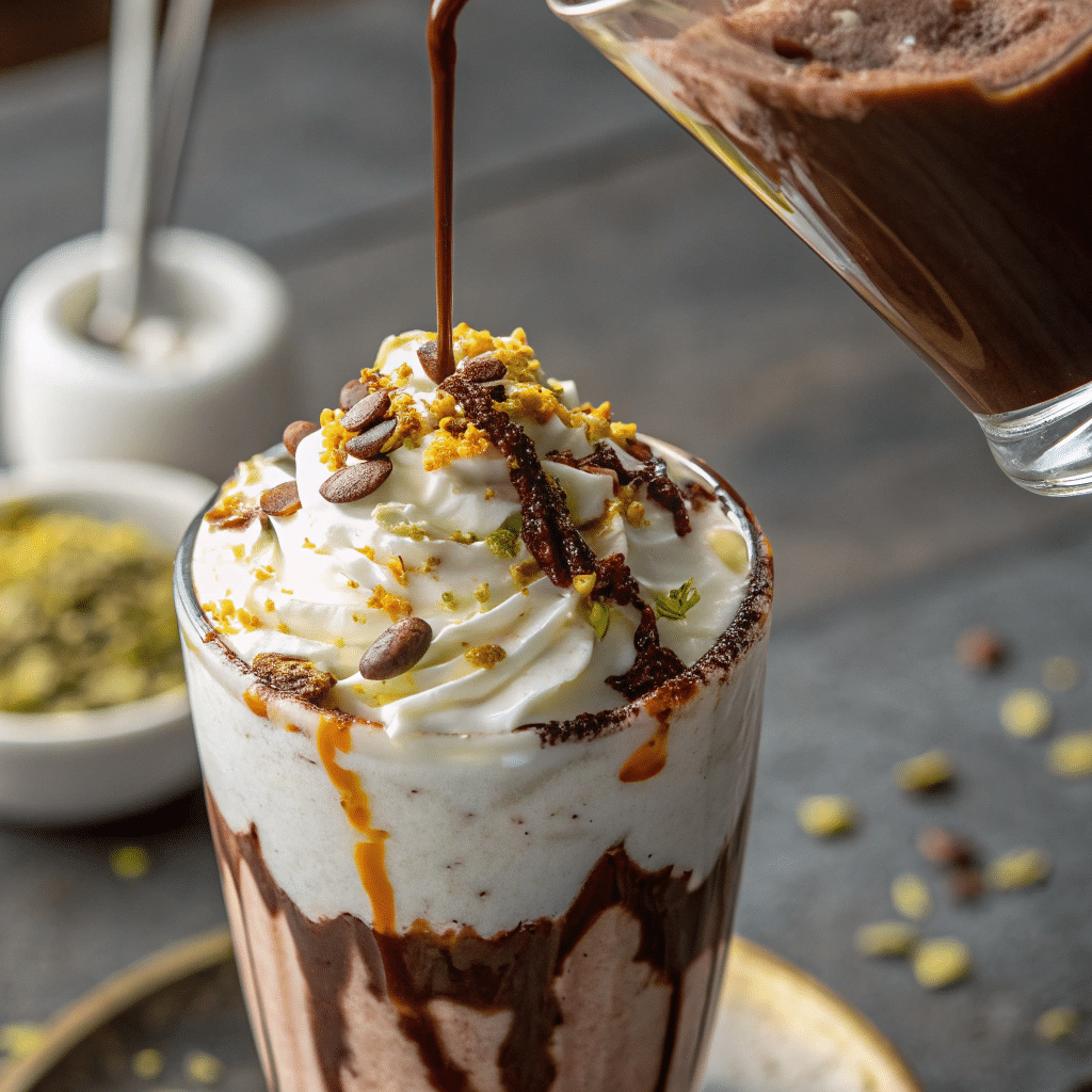 Topping a Dubai chocolate milkshake with pistachios and saffron