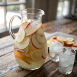 white peach sangria in a clear pitcher with citrus and peaches