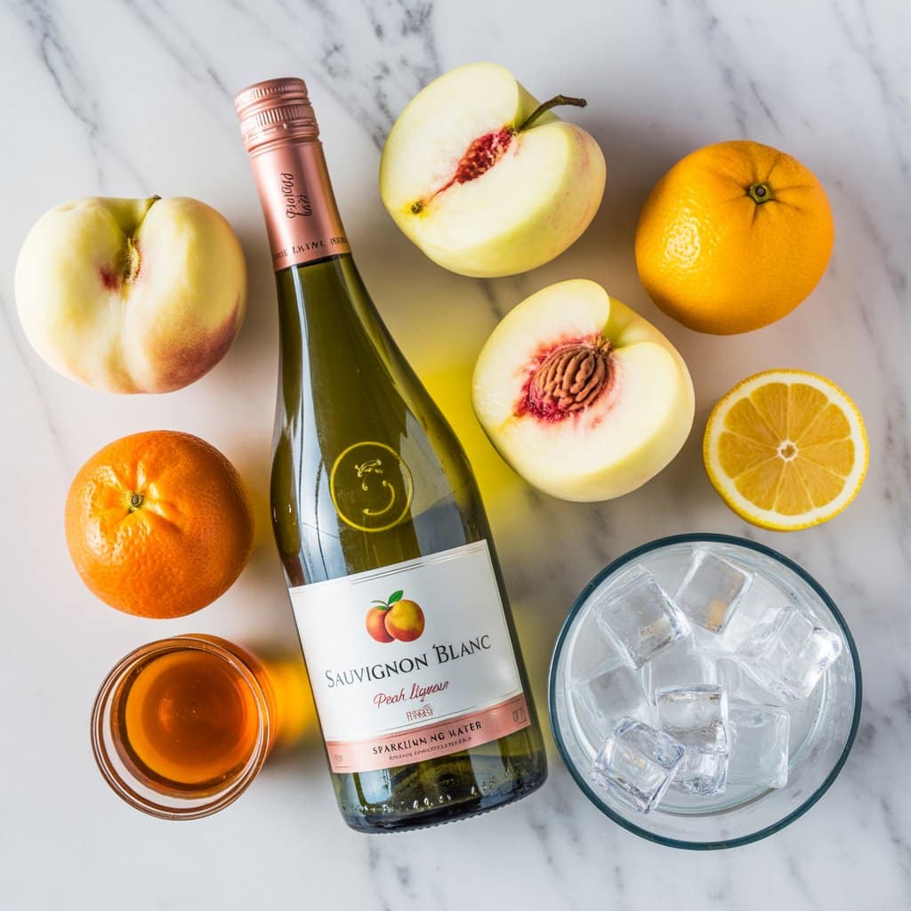 white peach sangria ingredients laid out on marble