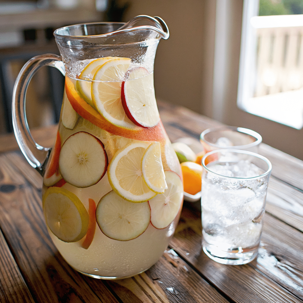 glasses of white peach sangria garnished with peach
