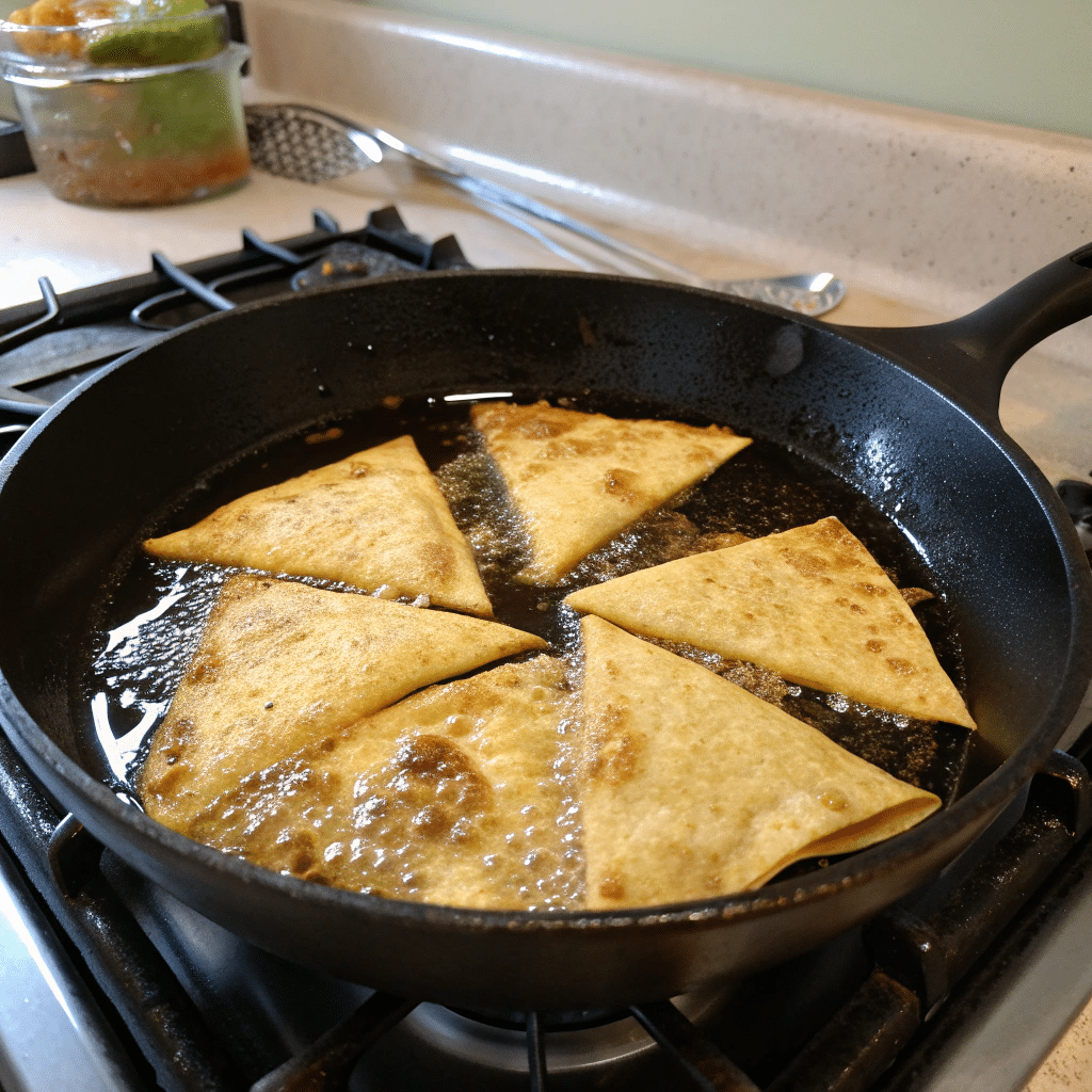 frying tortilla chips for salsa