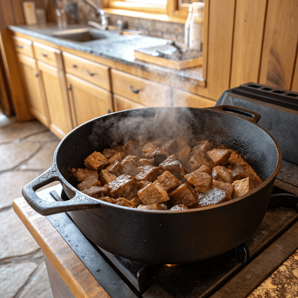 Browning beef for Texas style chili recipe