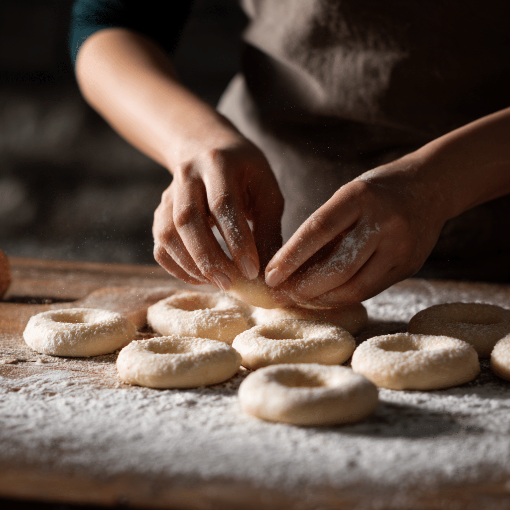 Hands shaping cottage cheese bagels on a floured wooden surface.