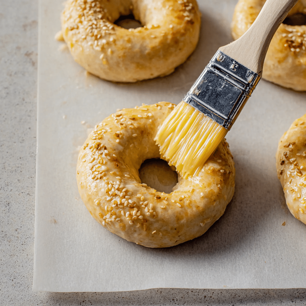 Unbaked cottage cheese bagels topped with sesame seeds brushed with egg wash.