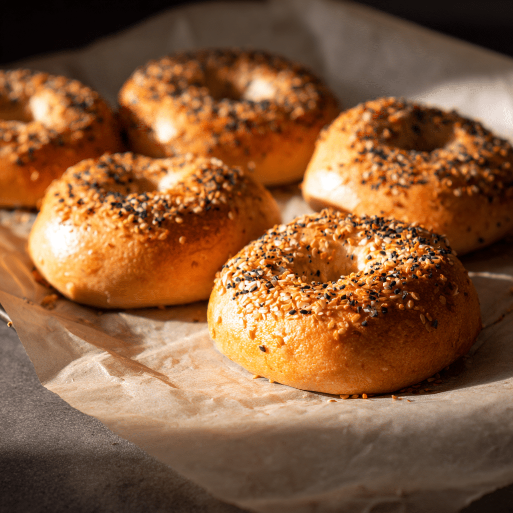 Freshly baked cottage cheese bagels topped with sesame and poppy seeds.