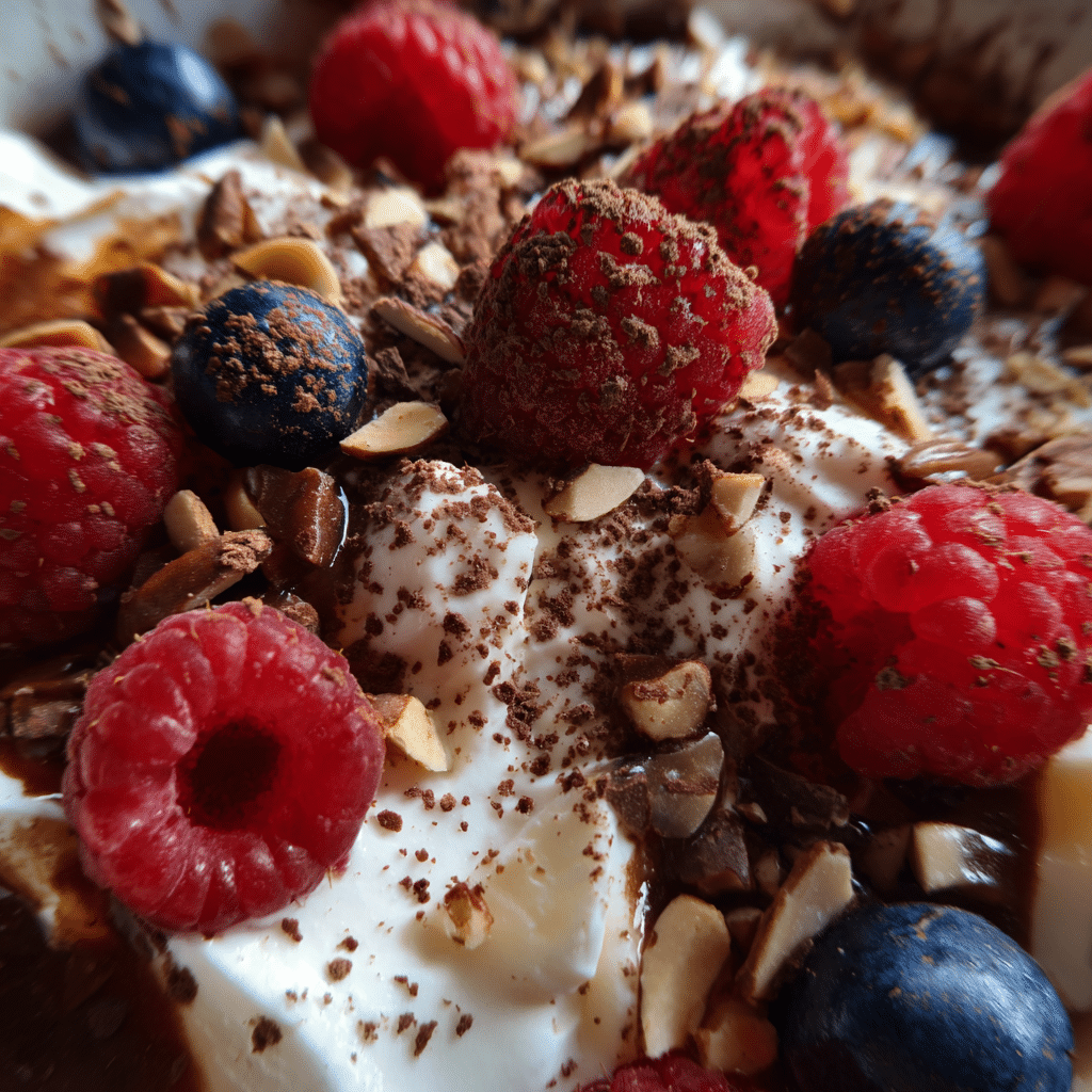 Cottage cheese dessert topped with raspberries, blueberries, nuts, and cocoa powder.
