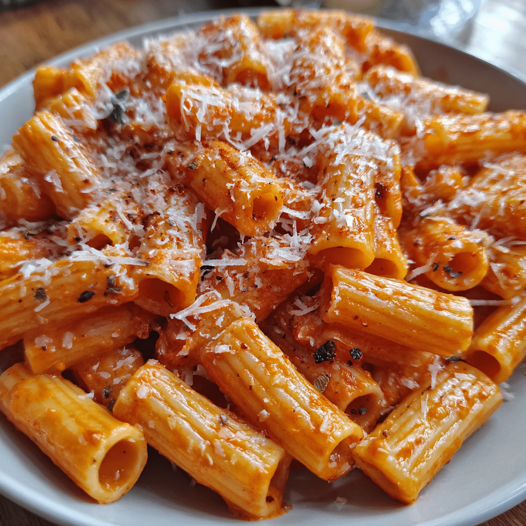 Pink sauce pasta recipe in plate ceramic