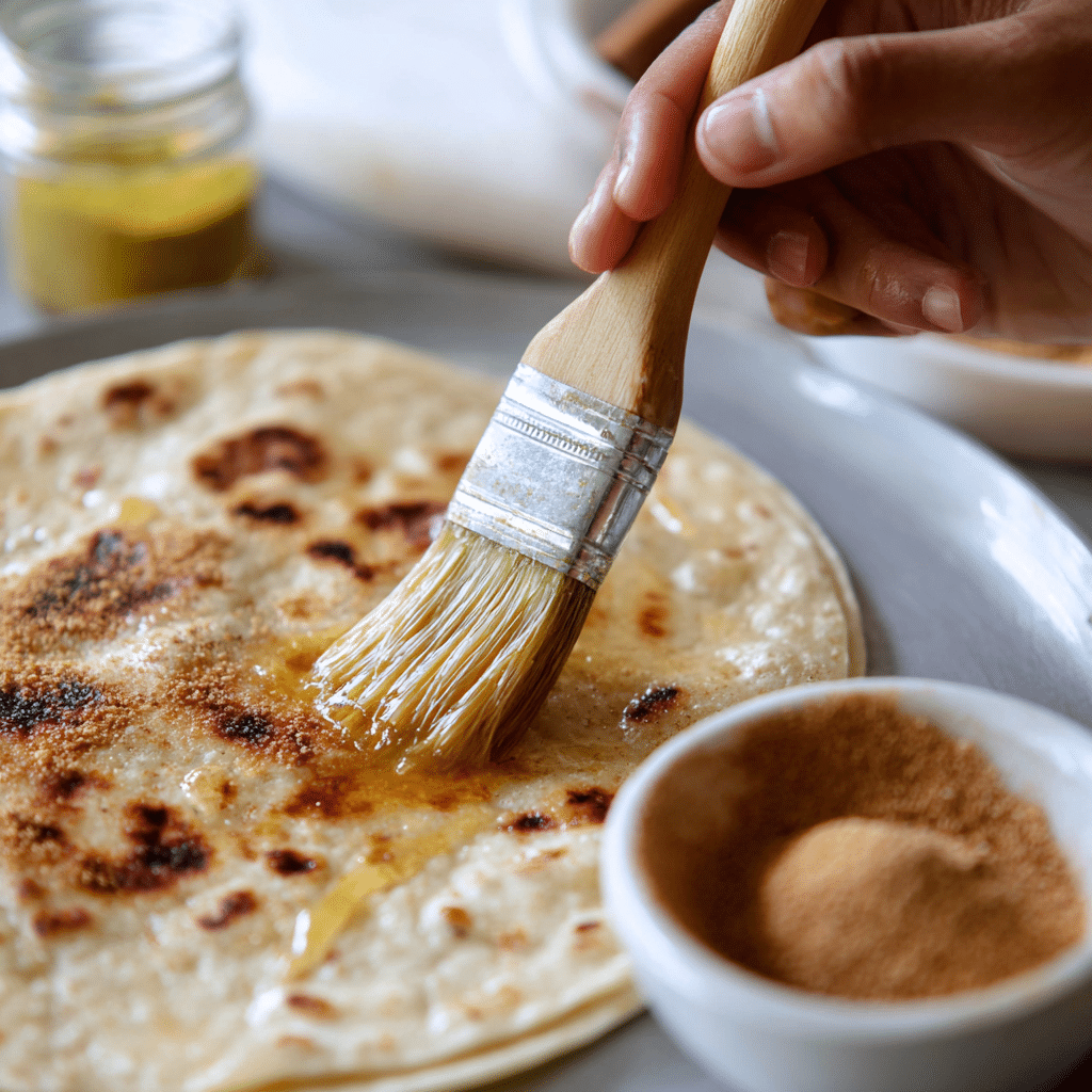 Hand brushing melted butter on tortilla for tortilla cinnamon rolls preparation