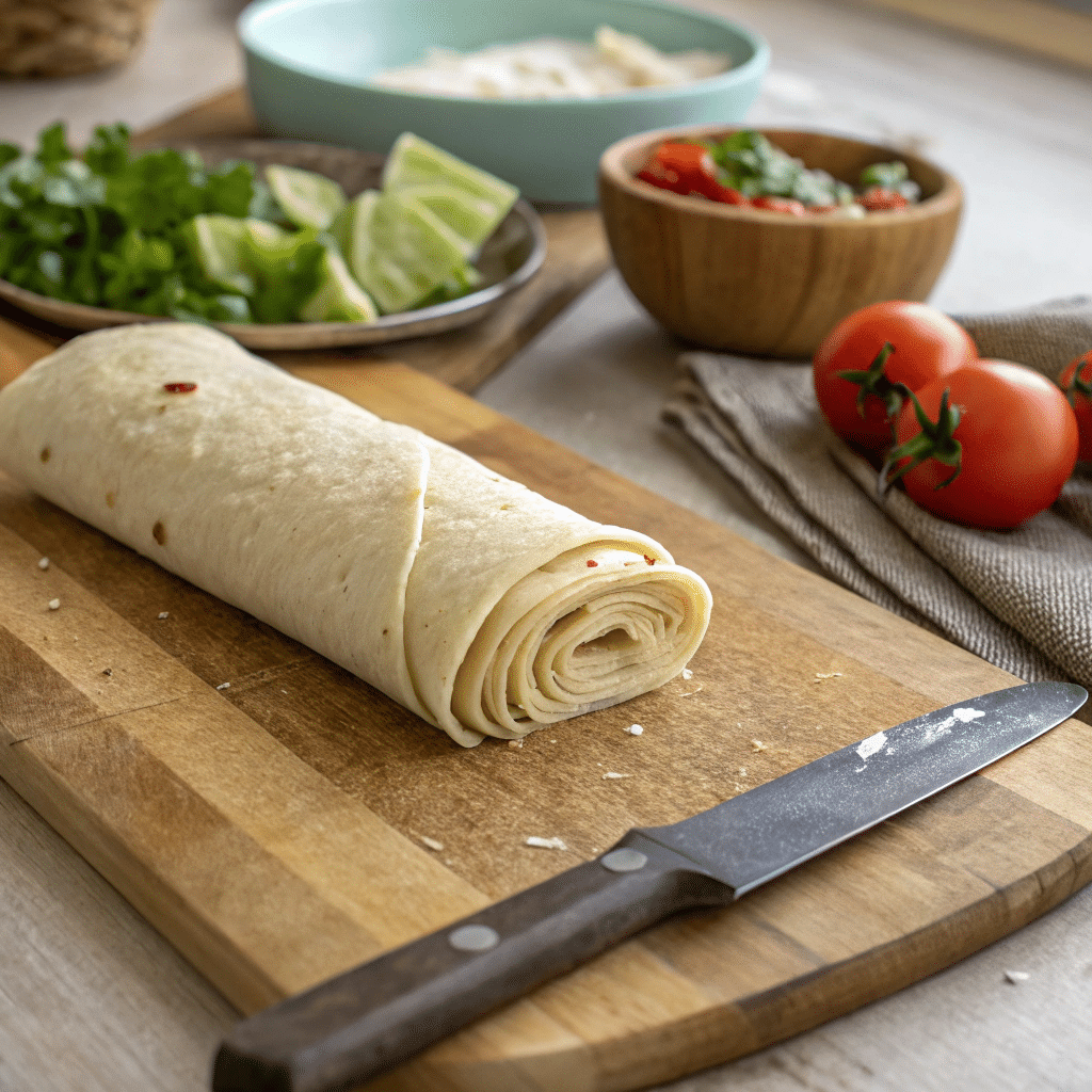 Rolling tortilla tightly into log for tortilla cinnamon rolls before slicing