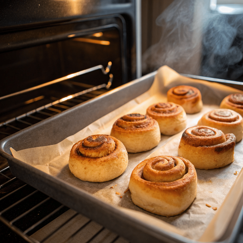 Mini tortilla cinnamon rolls baking on parchment-lined tray in oven