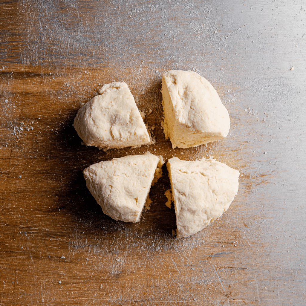 Dough divided into four pieces for cottage cheese bagels