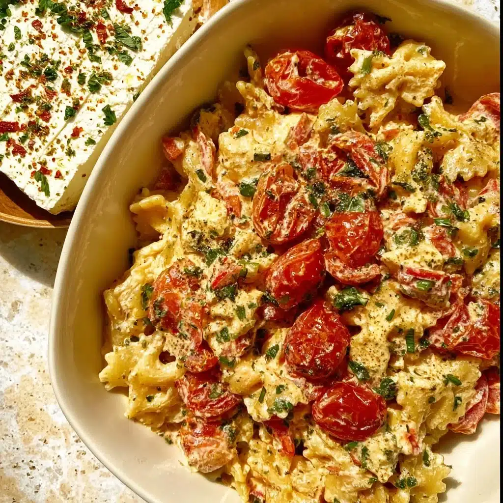 A tempting plate of baked feta pasta garnished with fresh herbs and cherry tomatoes.