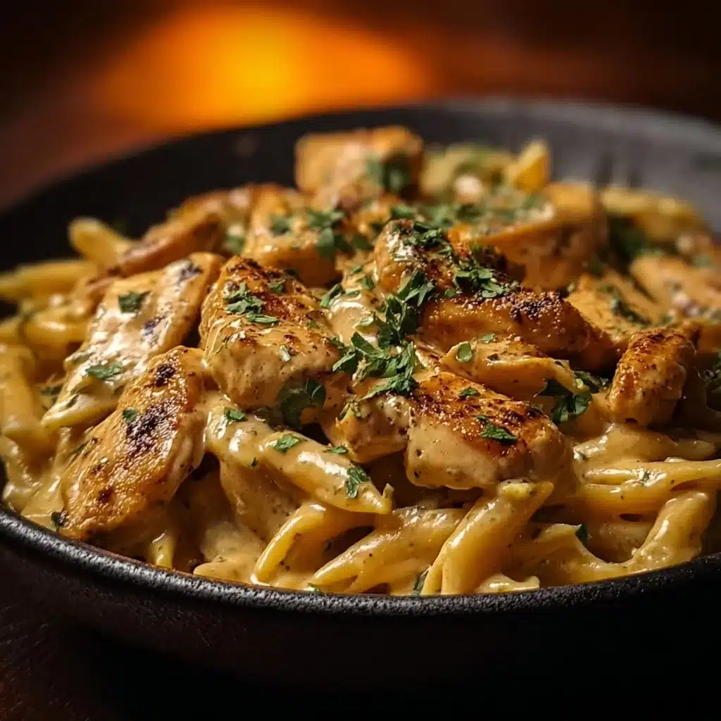 Delicious plate of Cajun Chicken Pasta with creamy sauce and spices.