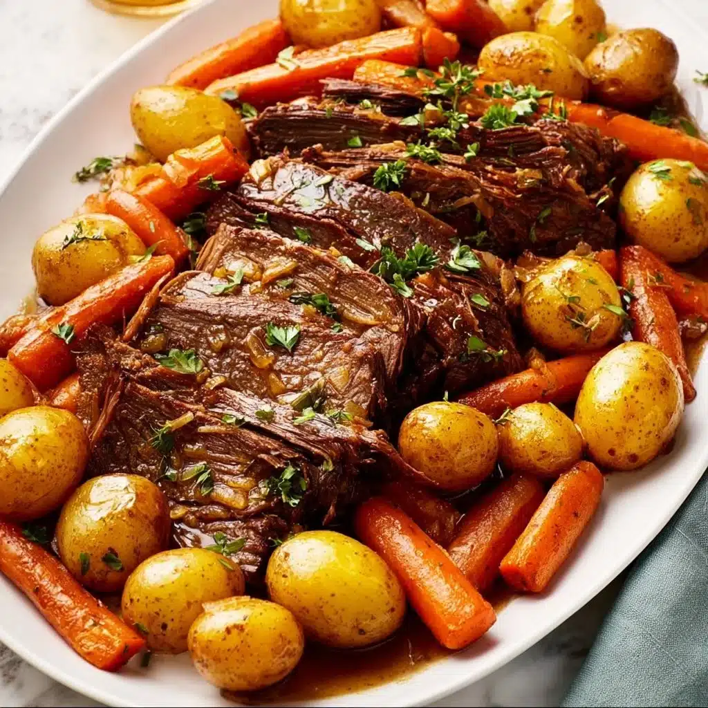 Delicious easy Crock Pot pot roast with savory gravy served on a plate